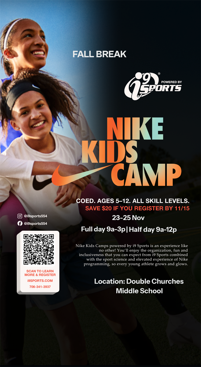 Fall Break Nike Kids Camp — two young athletes smiling, powered by i9 Sports